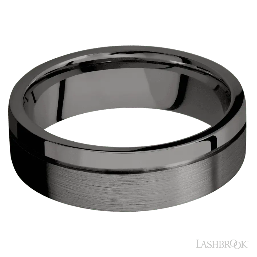 7 mm wide Flat with Off Center Accent Groove Tantalum Noir band.