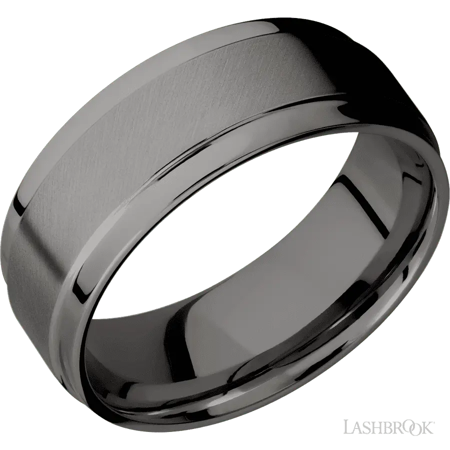 8 mm wide Flat Wide Grooved Edges Tantalum Noir band.