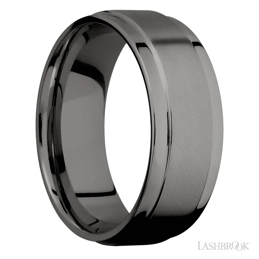 8 mm wide Flat Wide Grooved Edges Tantalum Noir band.