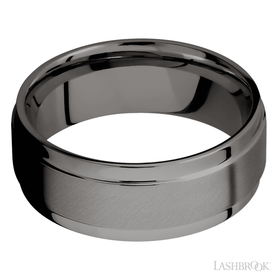 8 mm wide Flat Wide Grooved Edges Tantalum Noir band.