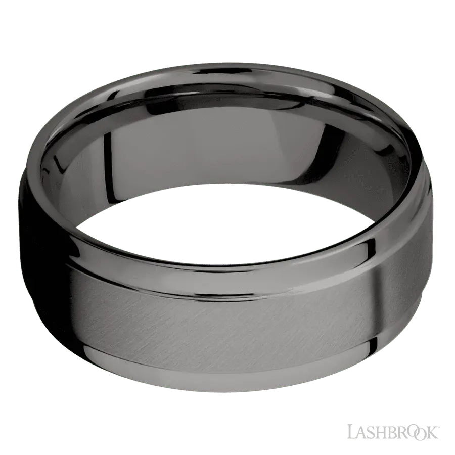8 mm wide Flat Wide Grooved Edges Tantalum Noir band.