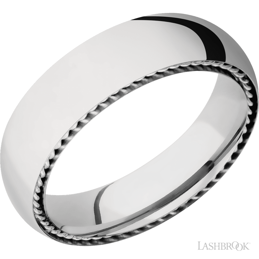6 mm wide/Domed/14K White Gold band with two 1 mm Sidebraid inlays of 14K White Gold.