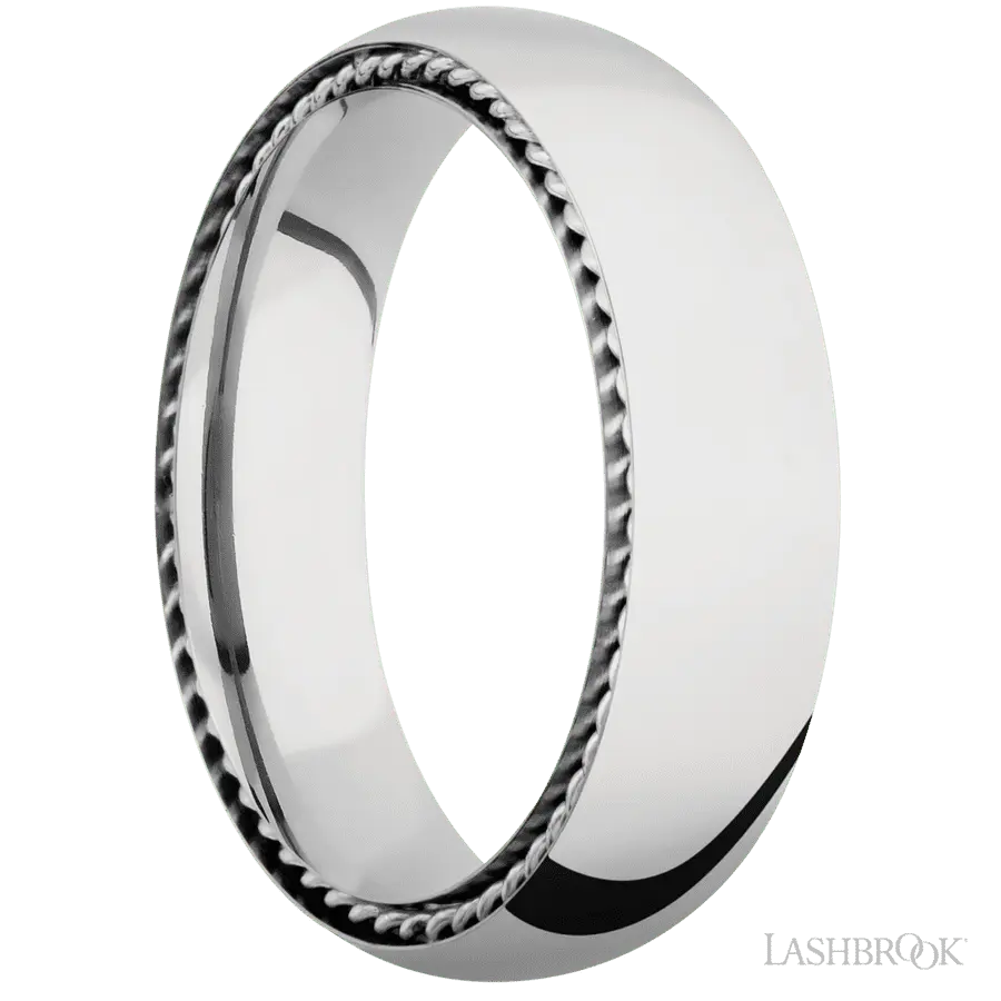 6 mm wide/Domed/14K White Gold band with two 1 mm Sidebraid inlays of 14K White Gold.
