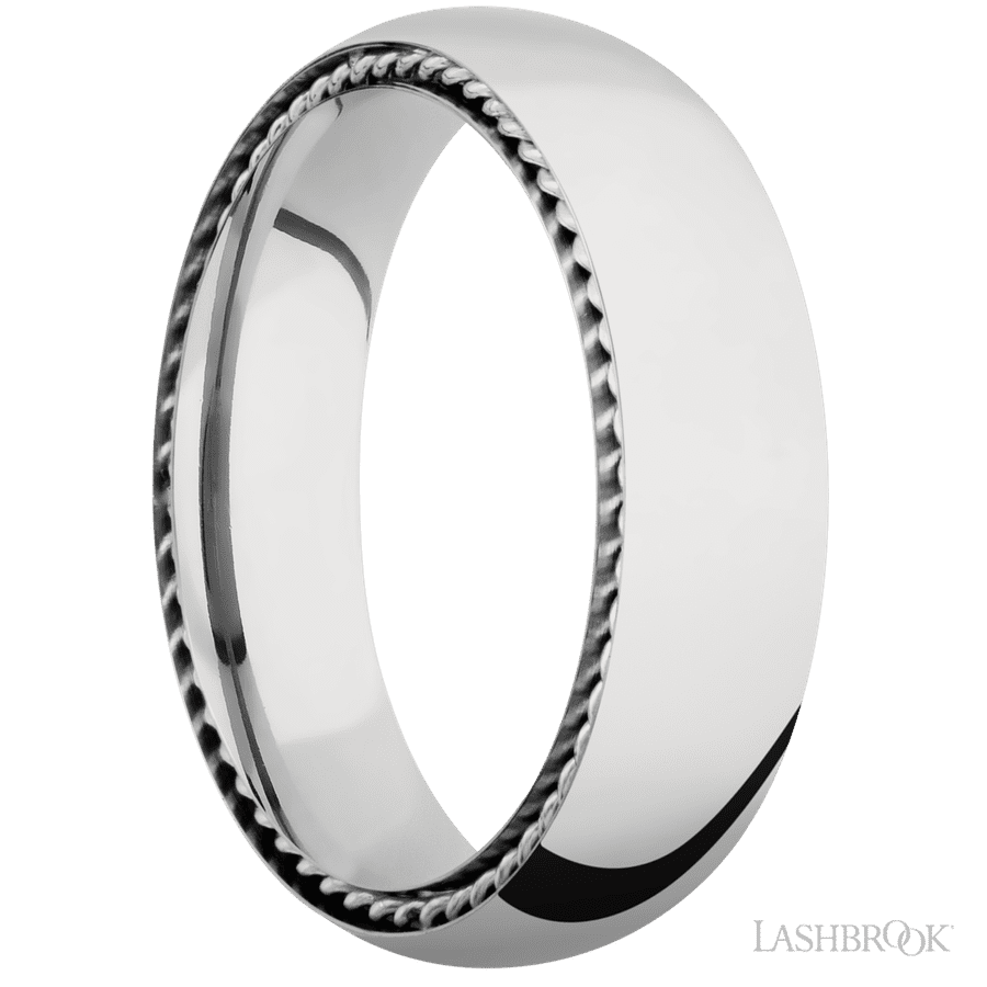6 mm wide/Domed/14K White Gold band with two 1 mm Sidebraid inlays of 14K White Gold.