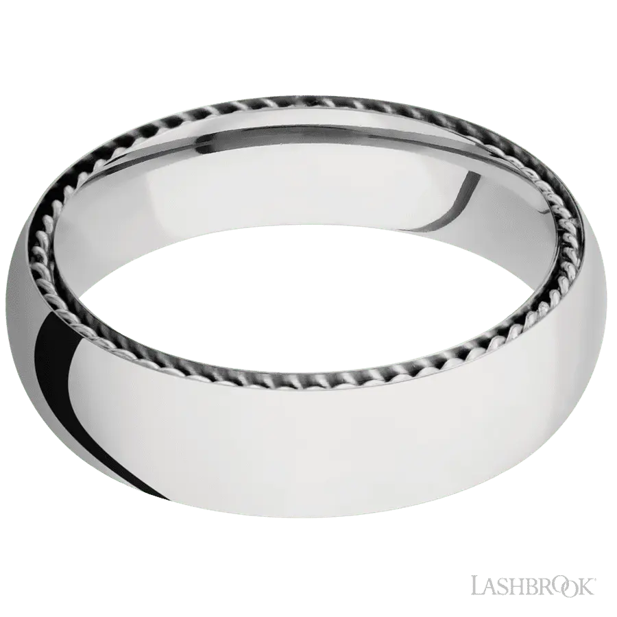 6 mm wide/Domed/14K White Gold band with two 1 mm Sidebraid inlays of 14K White Gold.
