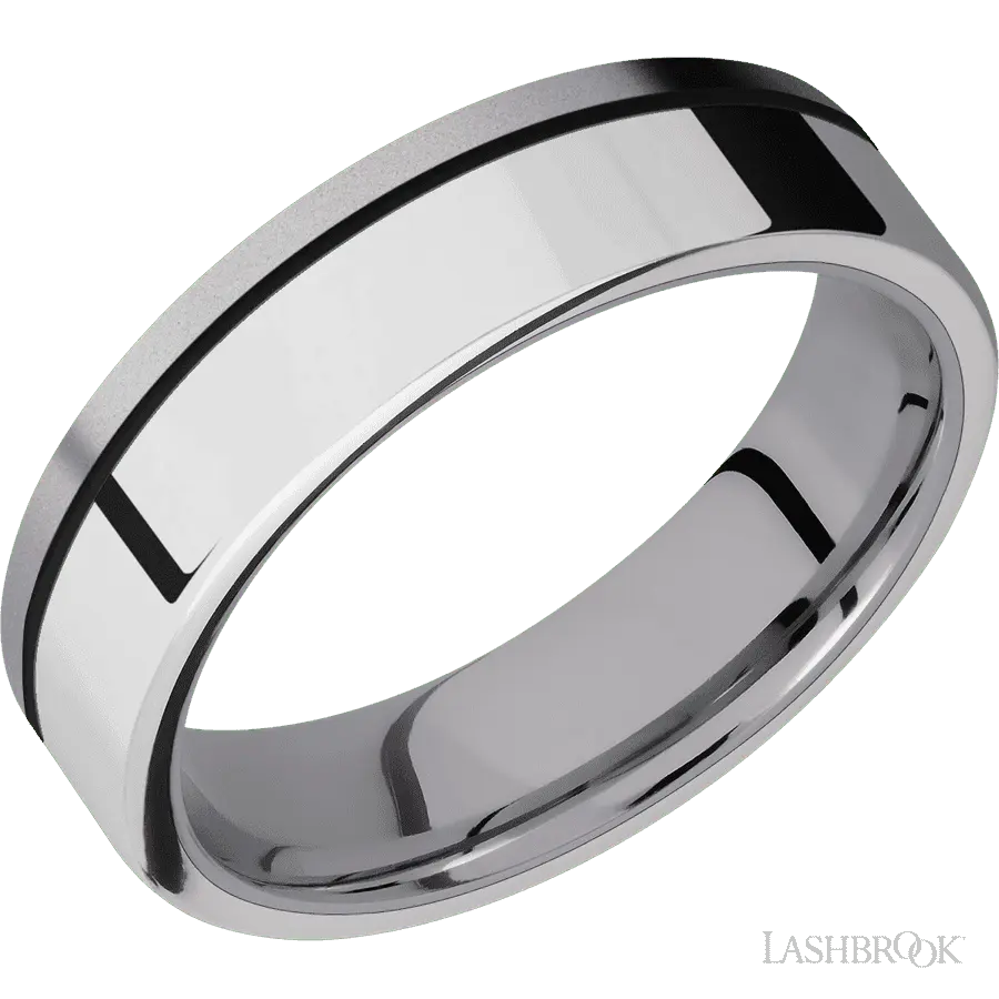 6 mm wide/Flat/Tantalum band with one 4 mm Off Center Edge inlay of Palladium Silver.