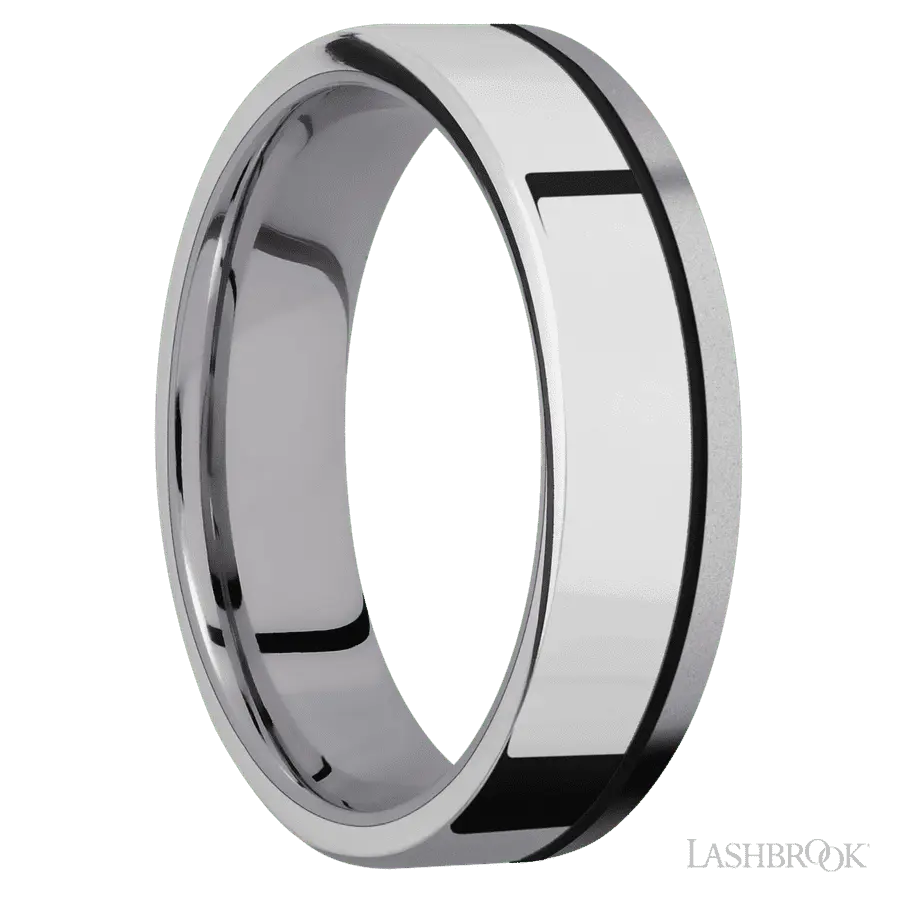 6 mm wide/Flat/Tantalum band with one 4 mm Off Center Edge inlay of Palladium Silver.