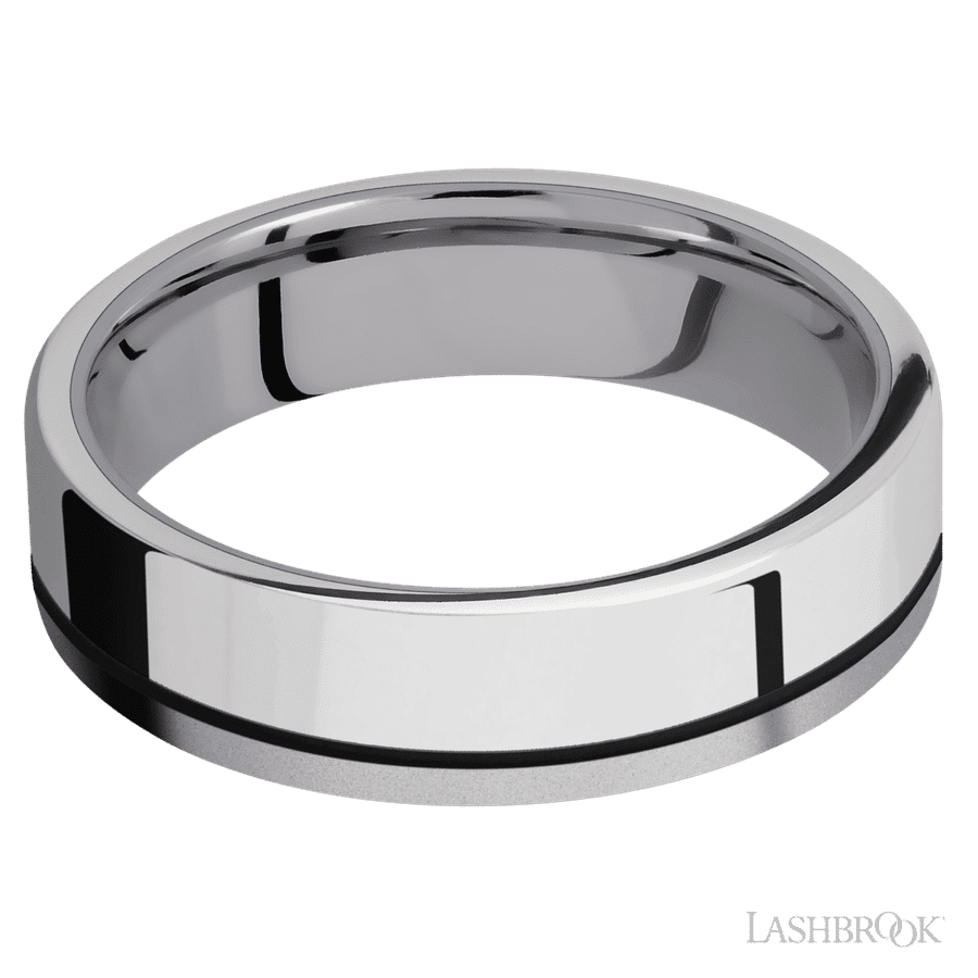 6 mm wide/Flat/Tantalum band with one 4 mm Off Center Edge inlay of Palladium Silver.