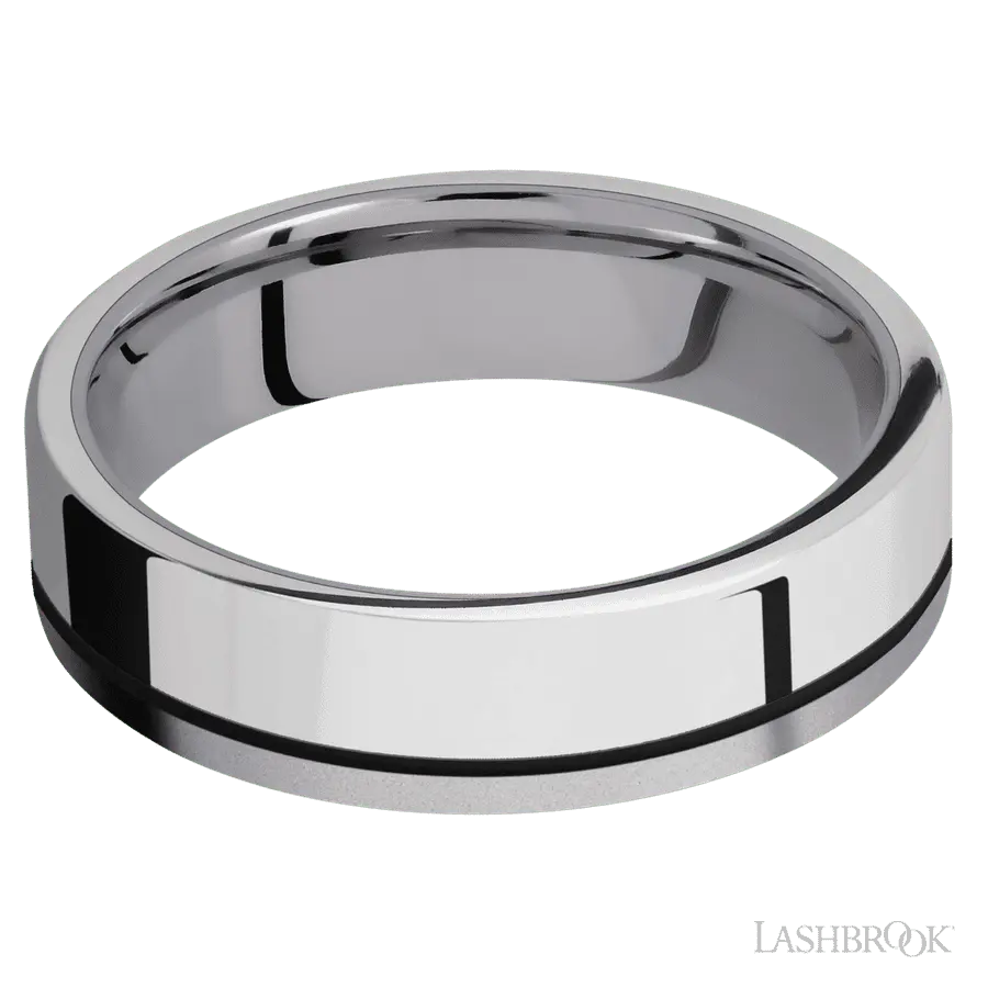 6 mm wide/Flat/Tantalum band with one 4 mm Off Center Edge inlay of Palladium Silver.