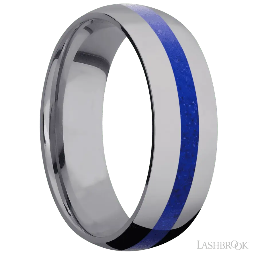 7 mm wide/Domed/Tantalum band with one 2 mm Centered inlay of Lapis.