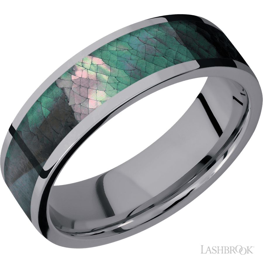 7 mm wide/Flat/Tantalum band with one 5 mm Centered inlay of Black Mother of Pearl.