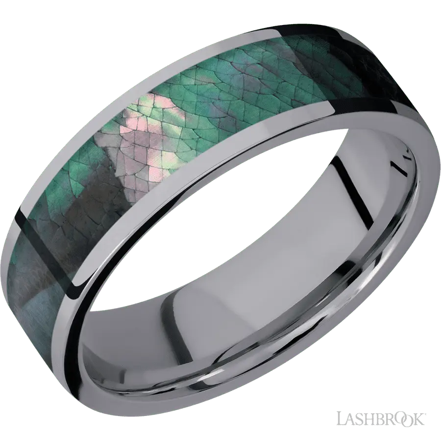 7 mm wide/Flat/Tantalum band with one 5 mm Centered inlay of Black Mother of Pearl.