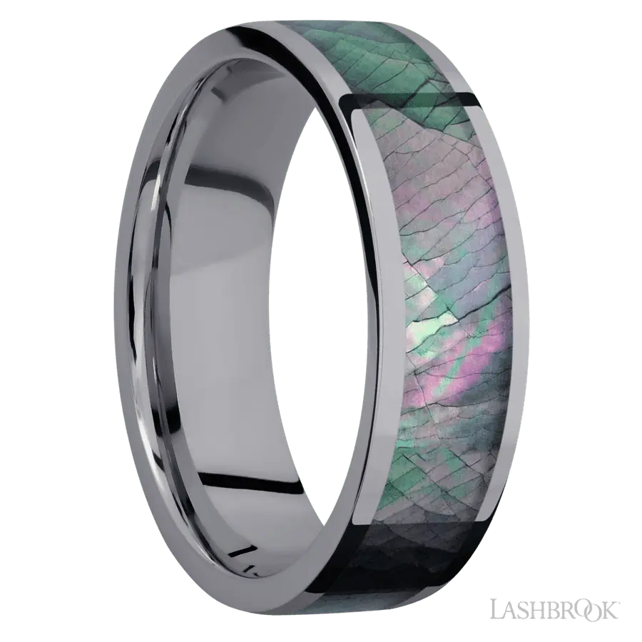 7 mm wide/Flat/Tantalum band with one 5 mm Centered inlay of Black Mother of Pearl.