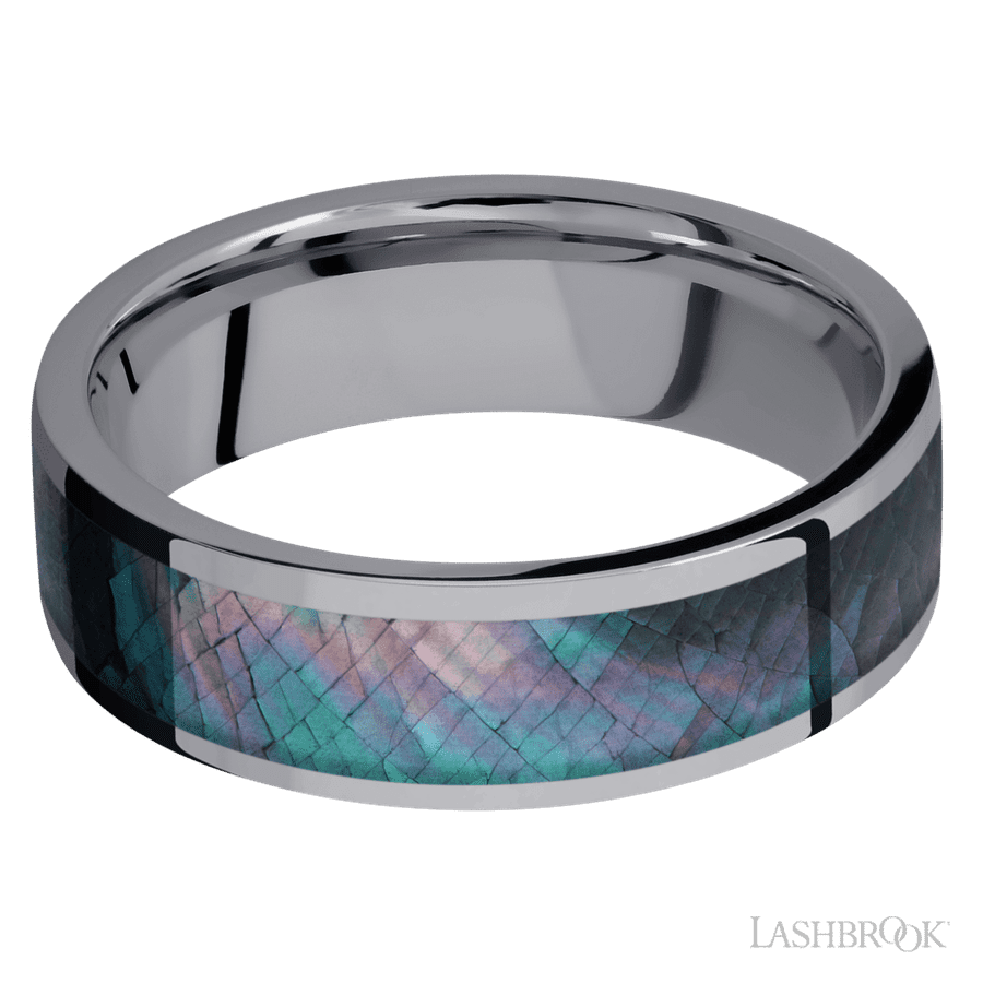 7 mm wide/Flat/Tantalum band with one 5 mm Centered inlay of Black Mother of Pearl.