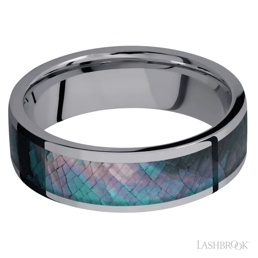 7 mm wide/Flat/Tantalum band with one 5 mm Centered inlay of Black Mother of Pearl.