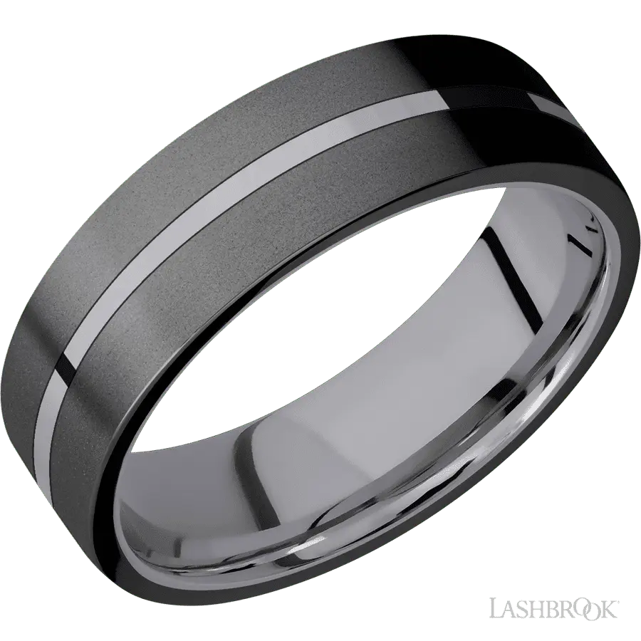 7 mm wide/Flat/Tantalum band with two 3 mm Double Off Center Edge inlays of Zirconium.