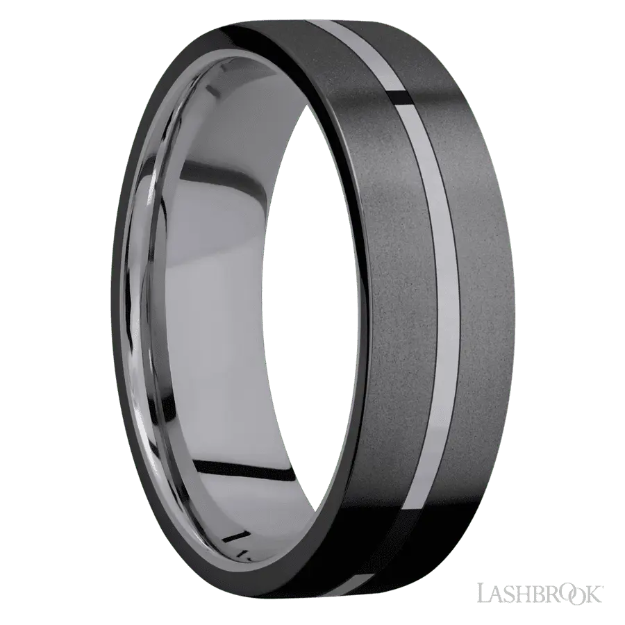 7 mm wide/Flat/Tantalum band with two 3 mm Double Off Center Edge inlays of Zirconium.
