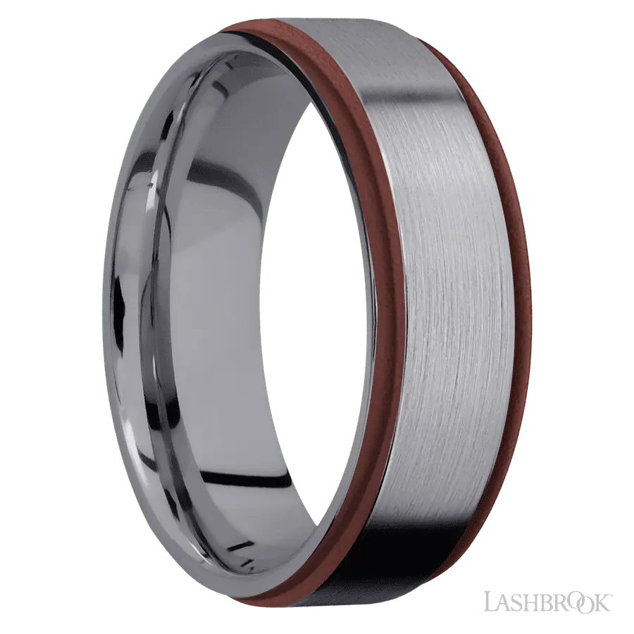 7 mm wide/Flat Grooved Edges/Tantalum band with two 1 mm Edge inlays of Crimson.