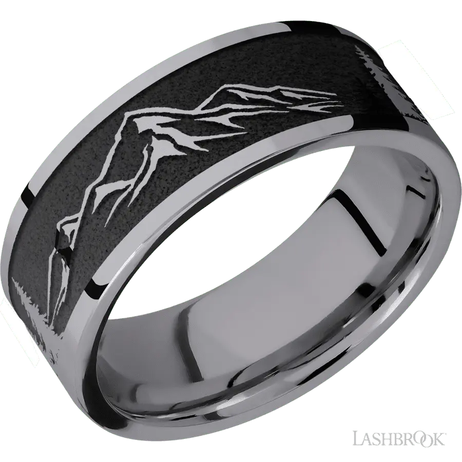 8 mm wide/Flat/Tantalum band with a laser carved Mountain 2 pattern.