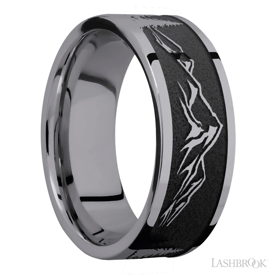8 mm wide/Flat/Tantalum band with a laser carved Mountain 2 pattern.