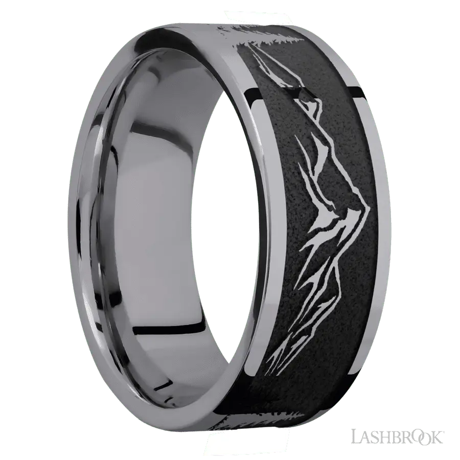 8 mm wide/Flat/Tantalum band with a laser carved Mountain 2 pattern.
