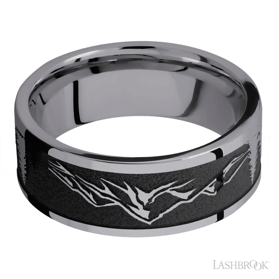 8 mm wide/Flat/Tantalum band with a laser carved Mountain 2 pattern.