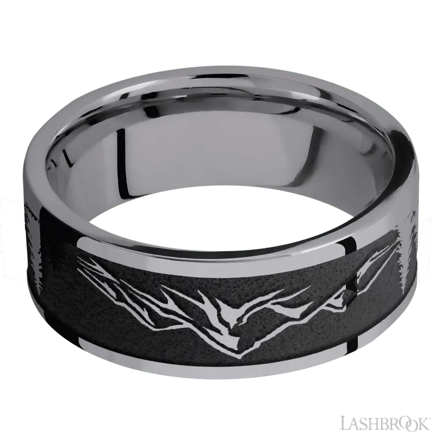 8 mm wide/Flat/Tantalum band with a laser carved Mountain 2 pattern.