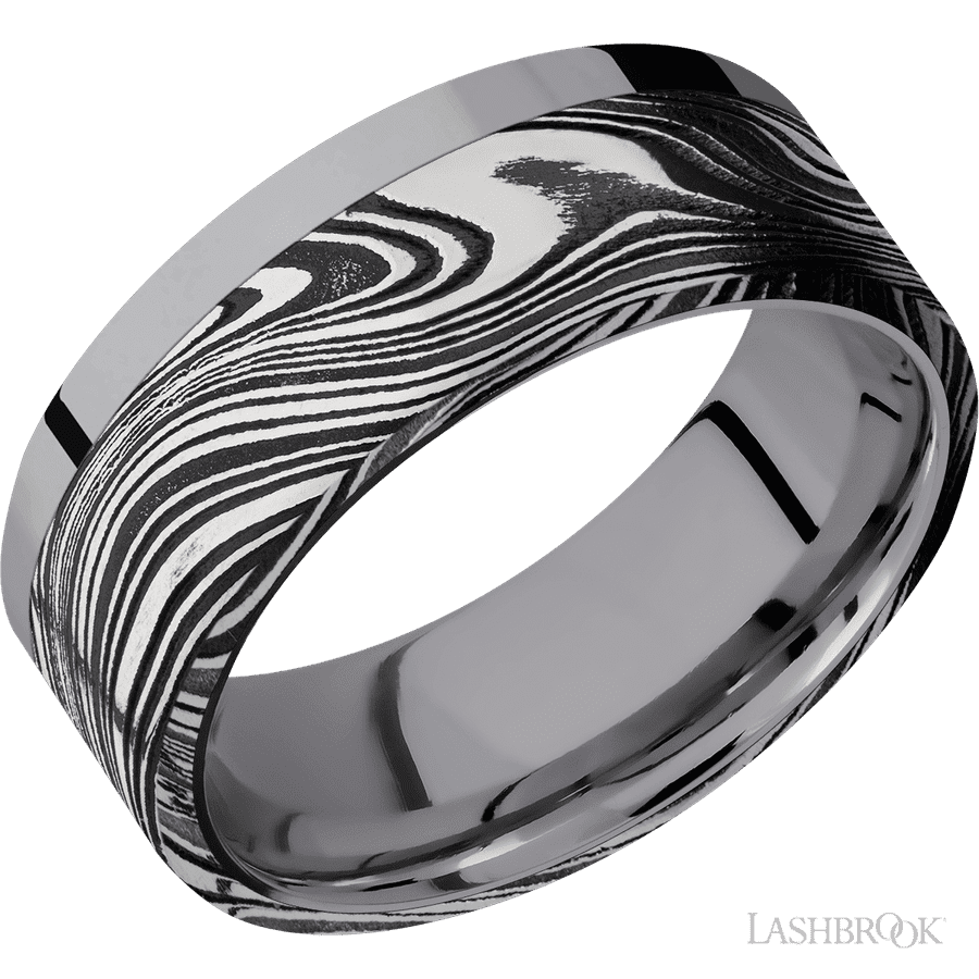 8 mm wide/Flat/Tantalum band with one 6 mm Off Center Edge inlay of Marble.