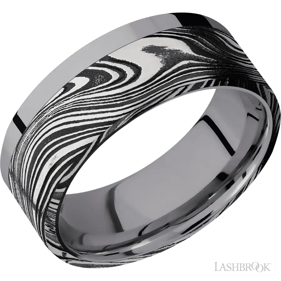 8 mm wide/Flat/Tantalum band with one 6 mm Off Center Edge inlay of Marble.