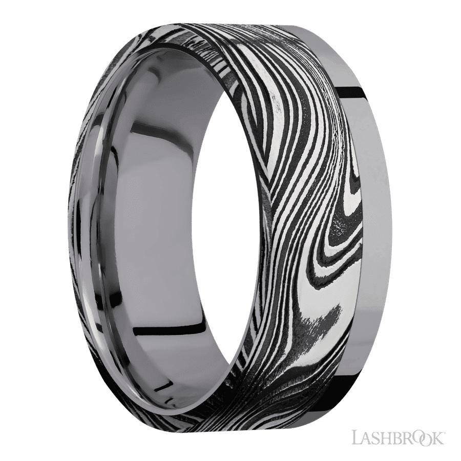8 mm wide/Flat/Tantalum band with one 6 mm Off Center Edge inlay of Marble.