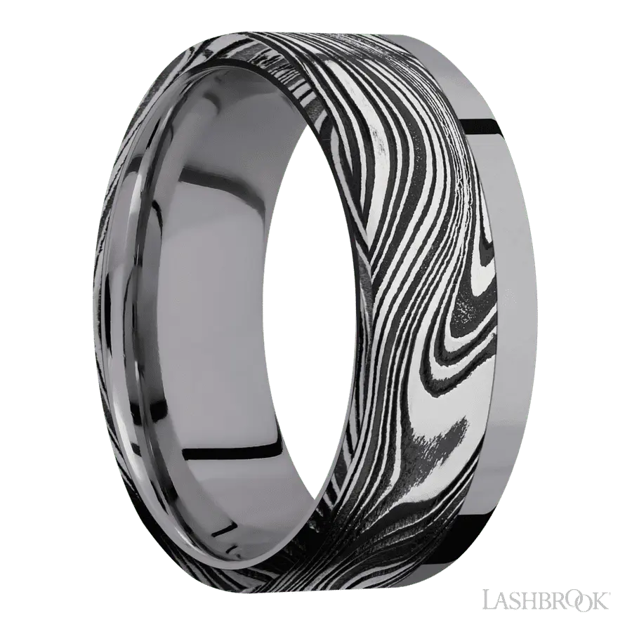 8 mm wide/Flat/Tantalum band with one 6 mm Off Center Edge inlay of Marble.