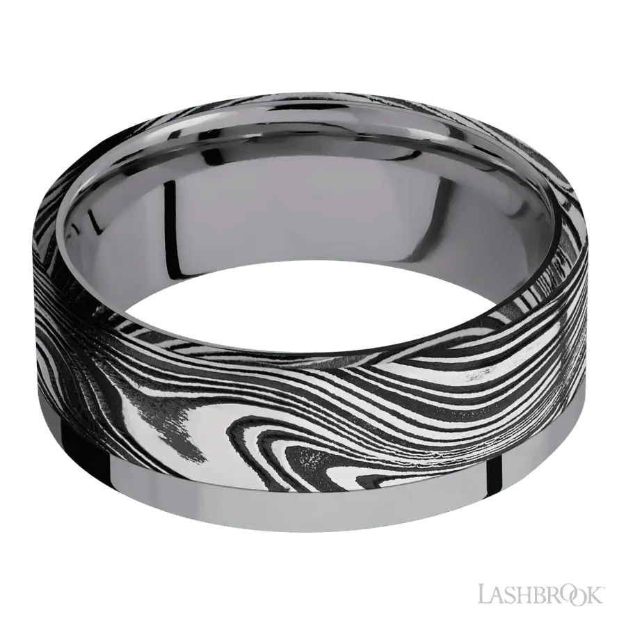 8 mm wide/Flat/Tantalum band with one 6 mm Off Center Edge inlay of Marble.