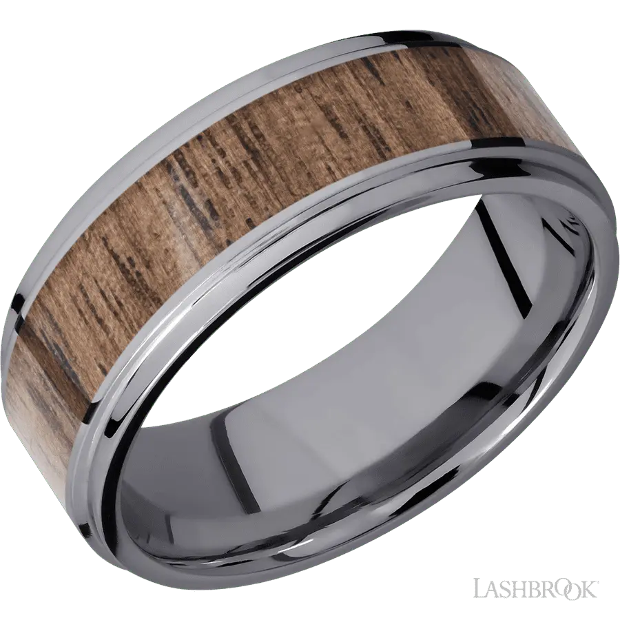 8 mm wide/Flat Grooved Edges/Tantalum band with one 5 mm Centered inlay of Walnut.