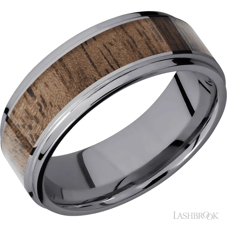 8 mm wide/Flat Grooved Edges/Tantalum band with one 5 mm Centered inlay of Walnut. in Tantalum by Lashbrook | The Diamond Sto