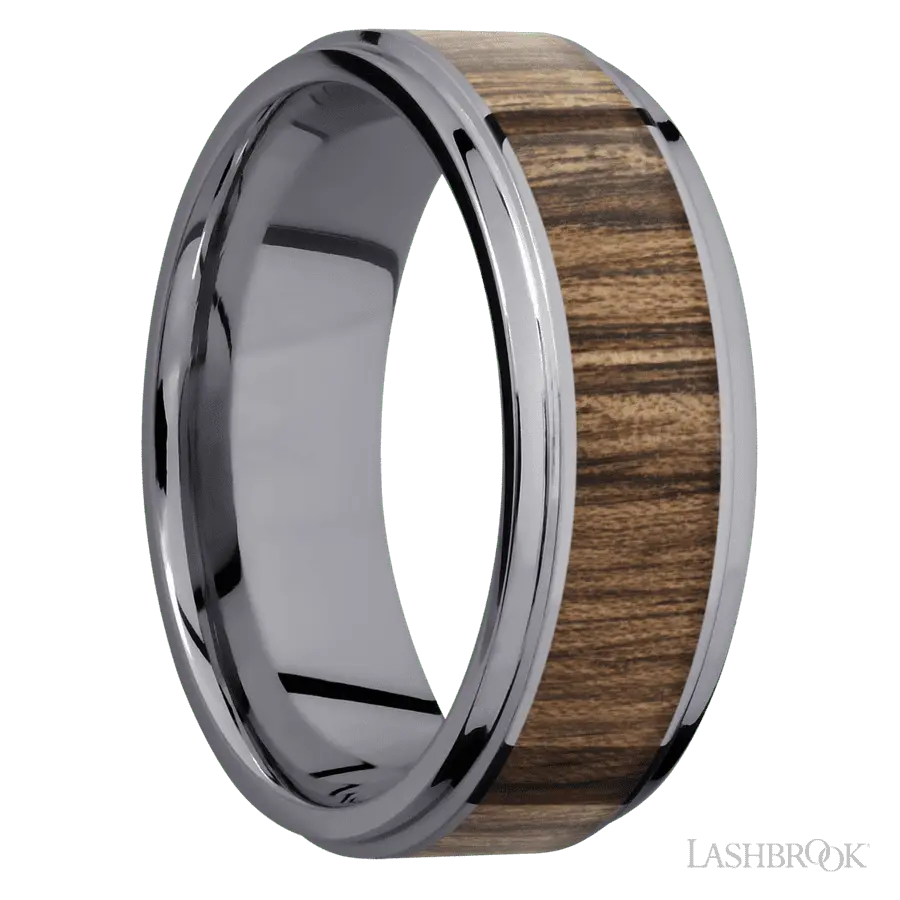 8 mm wide/Flat Grooved Edges/Tantalum band with one 5 mm Centered inlay of Walnut.