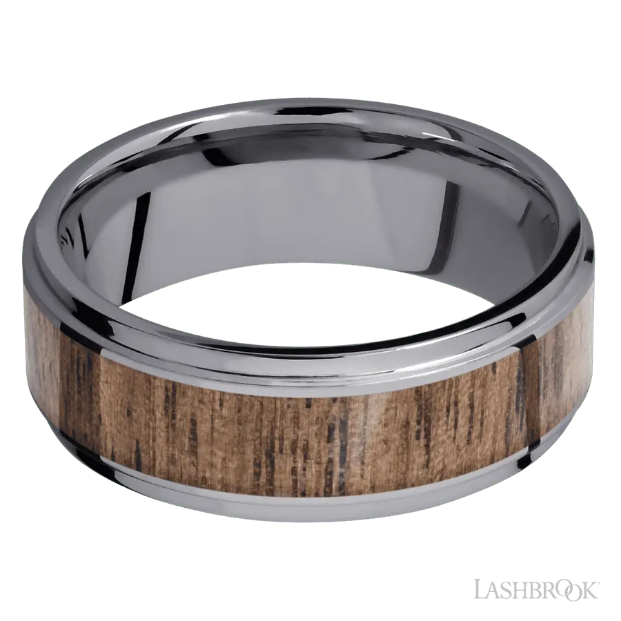 8 mm wide/Flat Grooved Edges/Tantalum band with one 5 mm Centered inlay of Walnut.