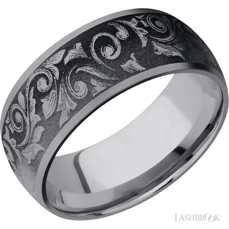 9 mm wide/Domed/Tantalum band with a laser carved Western Scroll pattern.