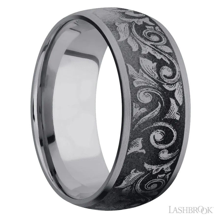 9 mm wide/Domed/Tantalum band with a laser carved Western Scroll pattern.