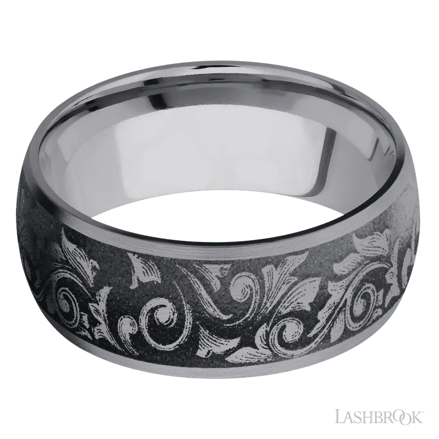 9 mm wide/Domed/Tantalum band with a laser carved Western Scroll pattern.