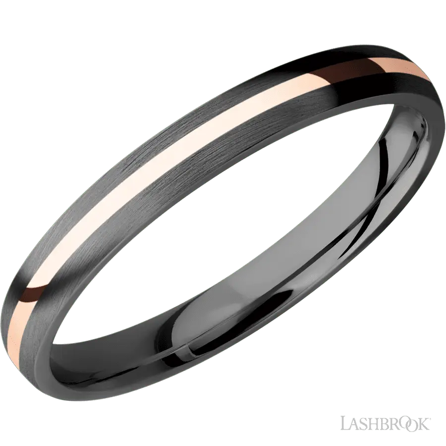 3 mm wide/Domed/Zirconium band with one 1 mm Centered inlay of 14K Rose Gold.