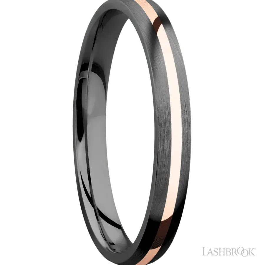 3 mm wide/Domed/Zirconium band with one 1 mm Centered inlay of 14K Rose Gold.