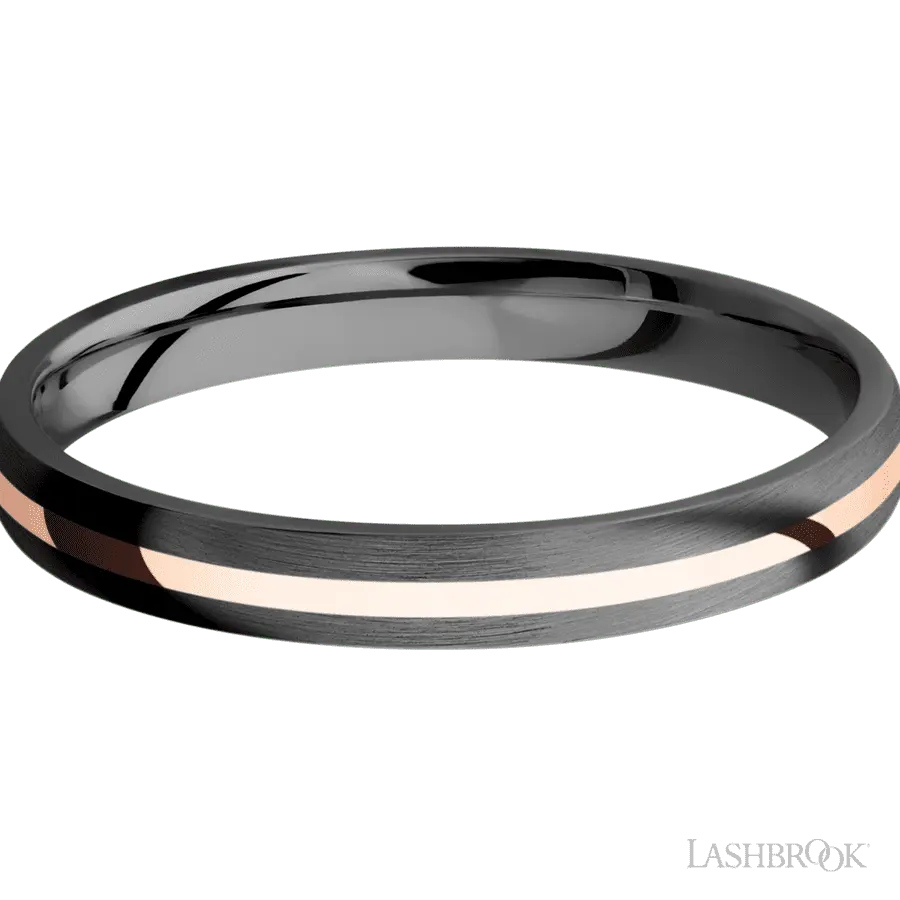 3 mm wide/Domed/Zirconium band with one 1 mm Centered inlay of 14K Rose Gold.