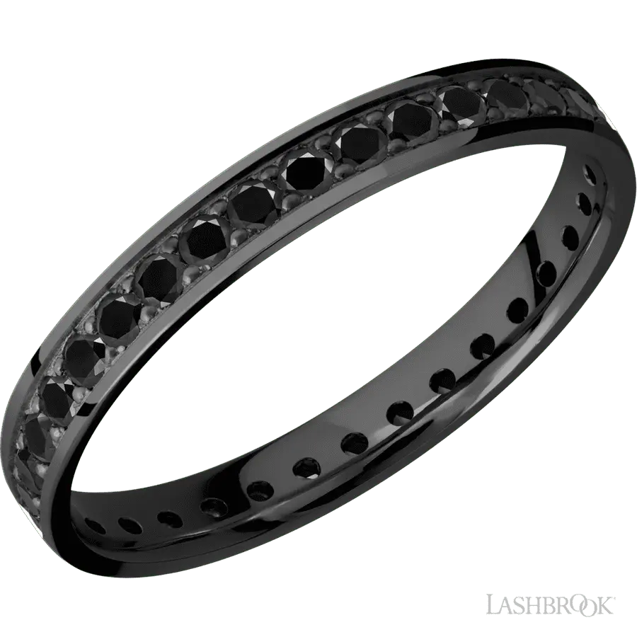 3 mm wide/Flat/Zirconium band with an Eternity arrangement of .03 carat Round Black Diamond stones in a Bead setting.