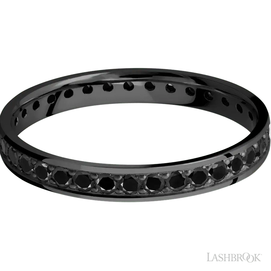 3 mm wide/Flat/Zirconium band with an Eternity arrangement of .03 carat Round Black Diamond stones in a Bead setting.