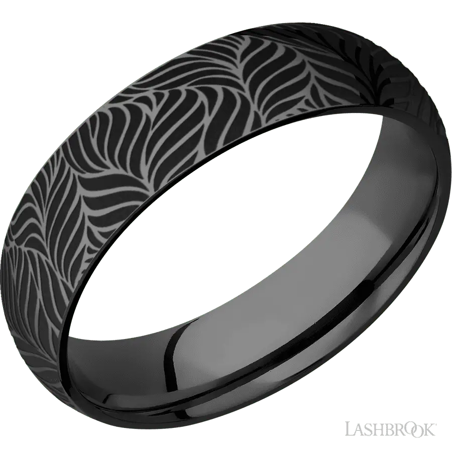 6 mm wide/Domed/Zirconium band with a laser carved Twisted Leaf pattern.