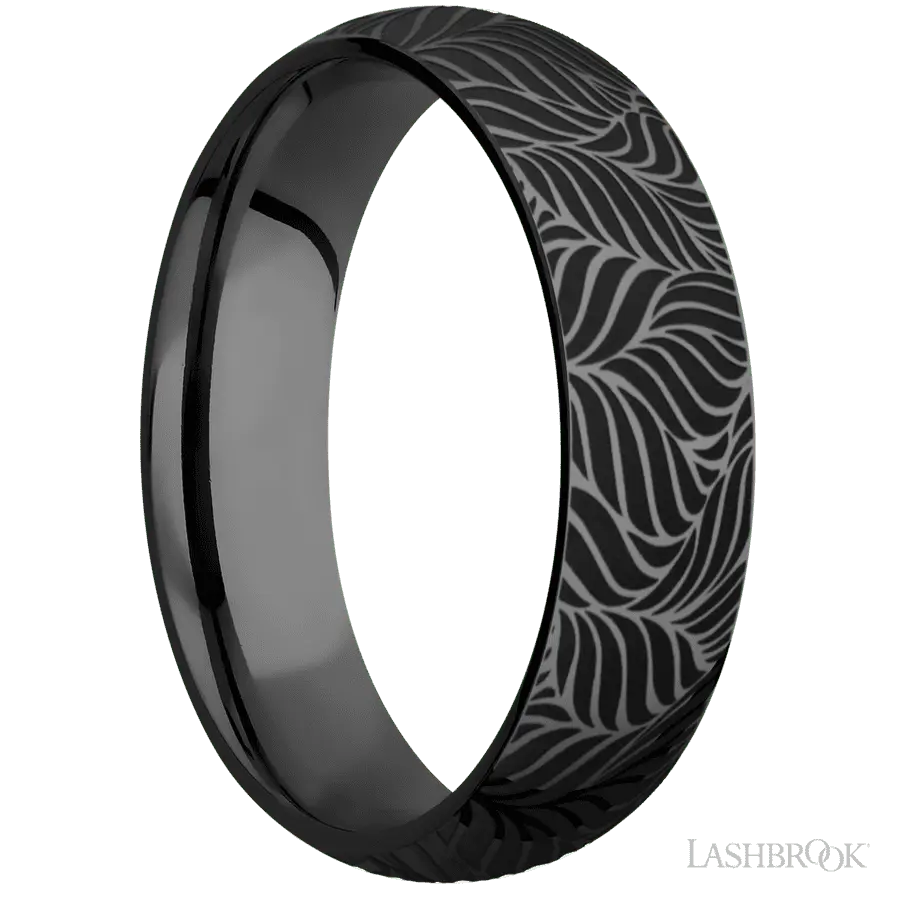 6 mm wide/Domed/Zirconium band with a laser carved Twisted Leaf pattern.