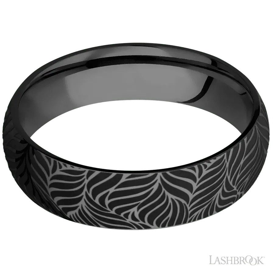 6 mm wide/Domed/Zirconium band with a laser carved Twisted Leaf pattern.