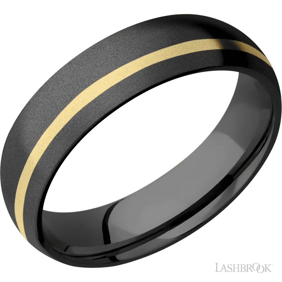 6 mm wide/Domed/Zirconium band with one 1 mm Off Center inlay of 14K Yellow Gold.