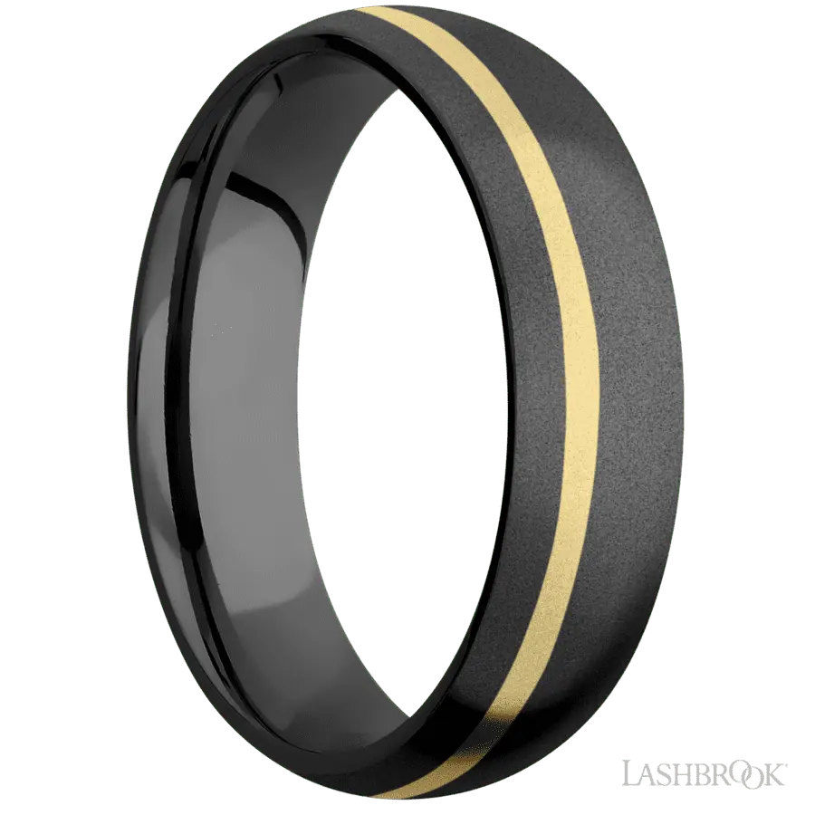 6 mm wide/Domed/Zirconium band with one 1 mm Off Center inlay of 14K Yellow Gold.