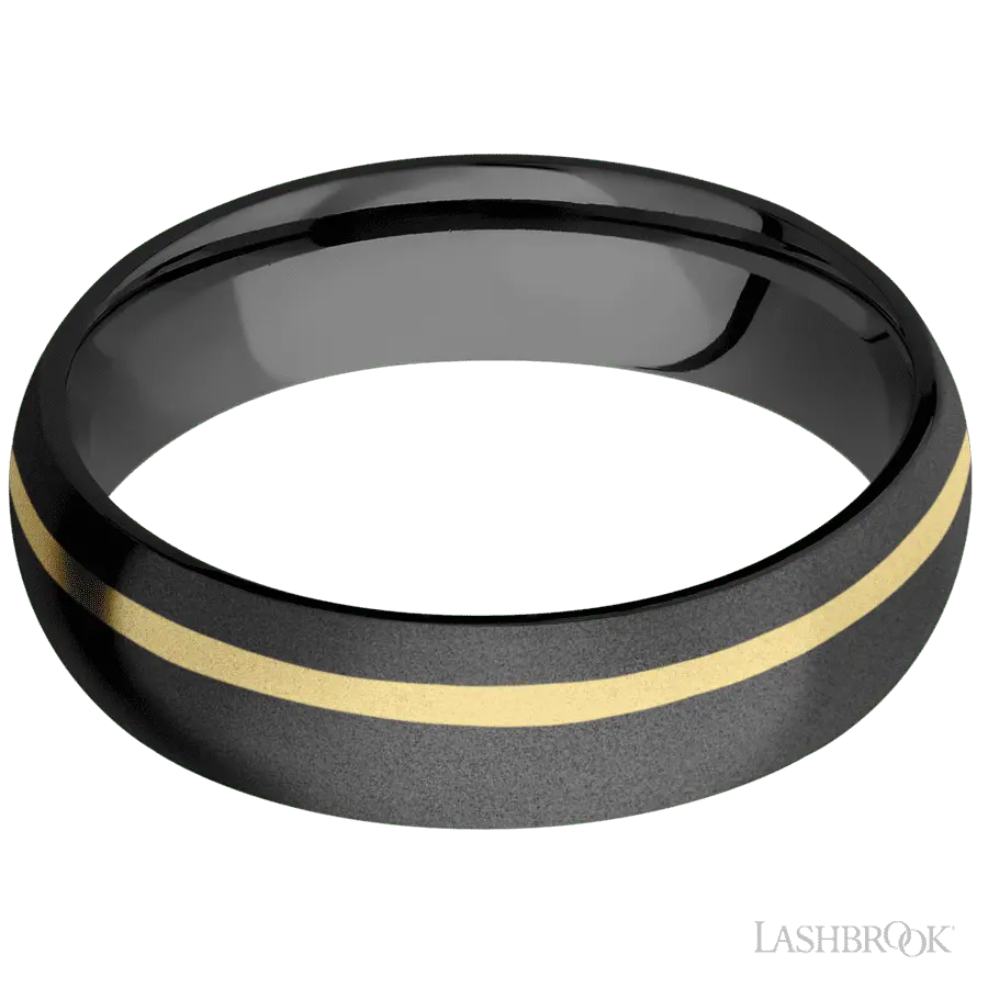 6 mm wide/Domed/Zirconium band with one 1 mm Off Center inlay of 14K Yellow Gold.
